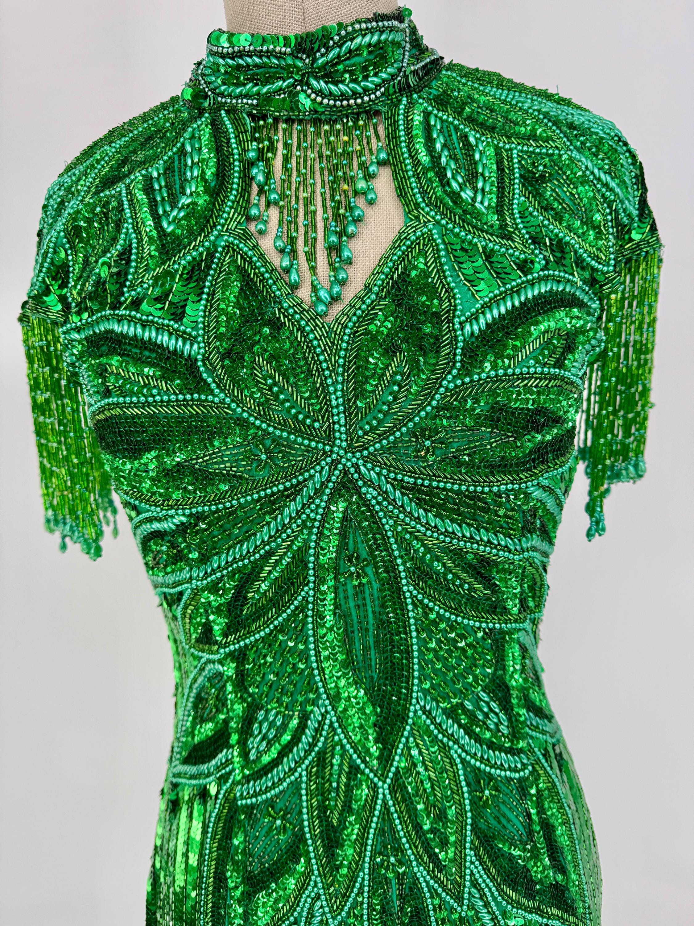 Emerald Envy Vintage Green Sequin Beaded Evening Gown with Fringe Sleeves & High Collar Drama//Open Back Glam (Sz S)