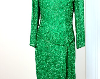 Size M//Drop Waist Emerald Green Flapper Sequin Dress//Vintage Beaded Dress by Black Tie