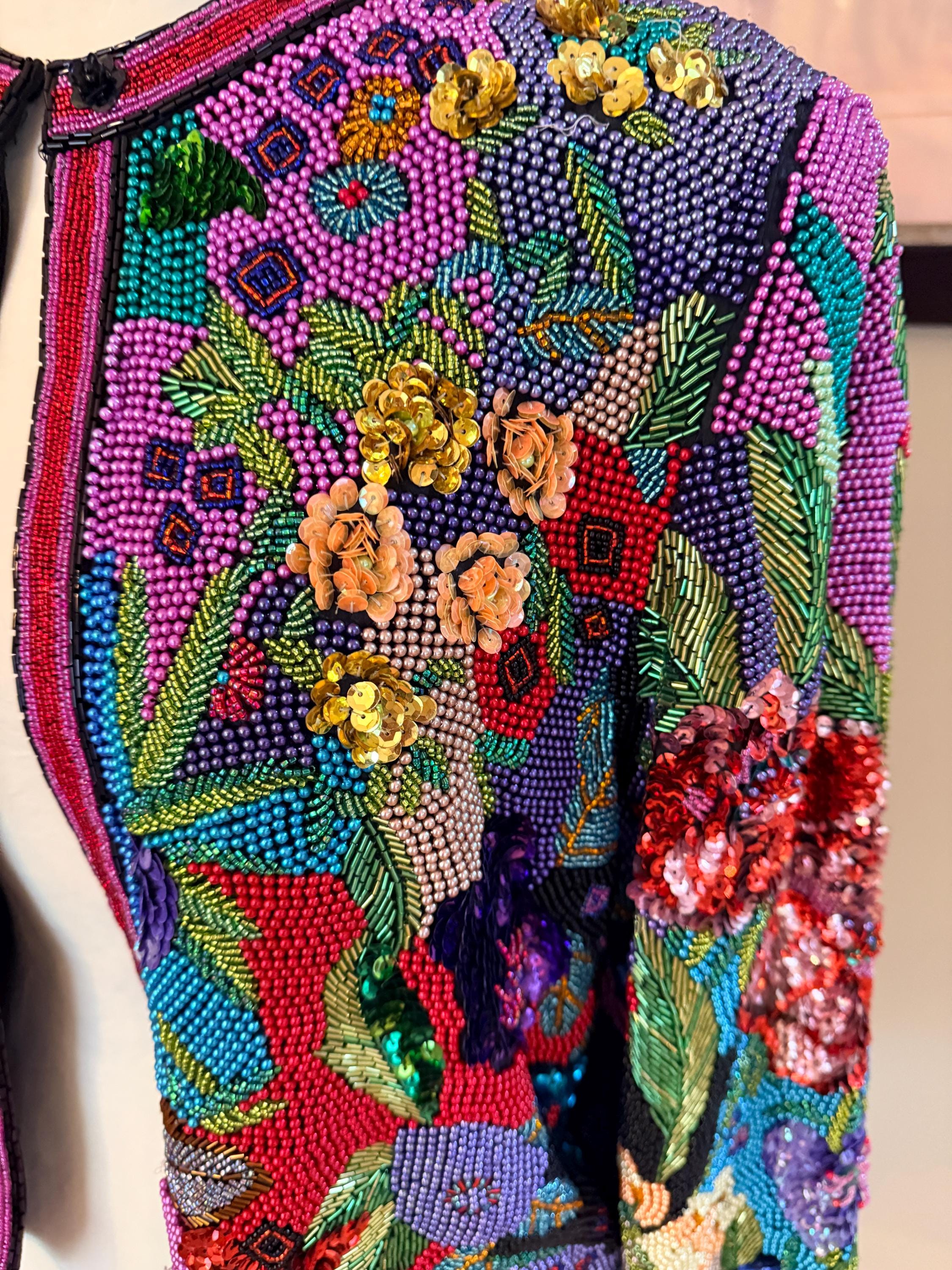 Sz M//heavily Beaded Tapestry Sequin Bolero//floral Rare Diane