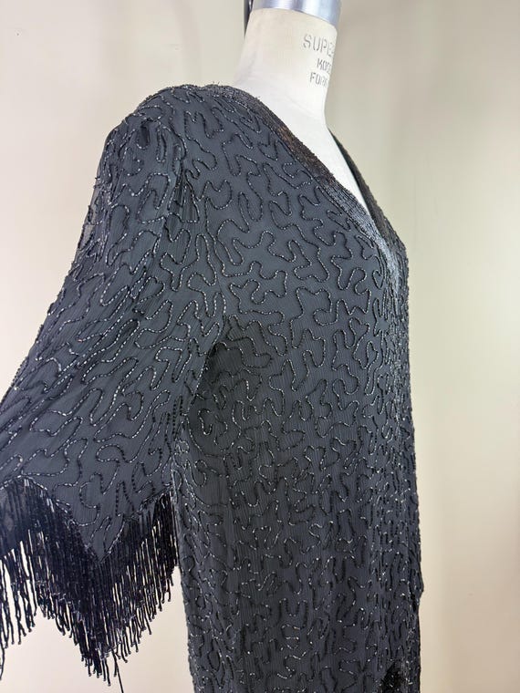Size XL//Vintage Lillie Rubin Black Beaded Flapper Dress//80s Gatsby Fringe Dress | Art Deco Sequin Party Dress View 5