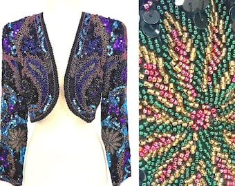 Vintage Lillie Rubin Silk Beaded Bolero Jacket, 80s Sequin Evening Jacket, Art Deco Cropped Silk Cocktail Jacket (Sz 6)