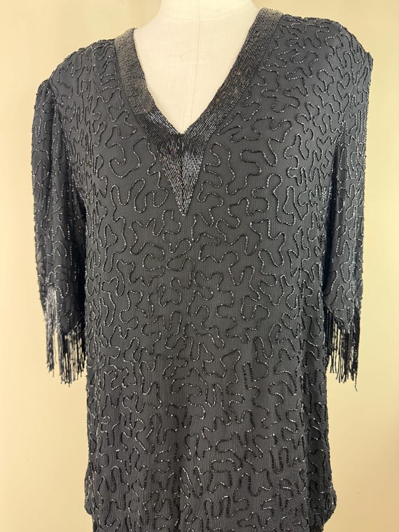 Size XL//Vintage Lillie Rubin Black Beaded Flapper Dress//80s Gatsby Fringe Dress | Art Deco Sequin Party Dress View 6