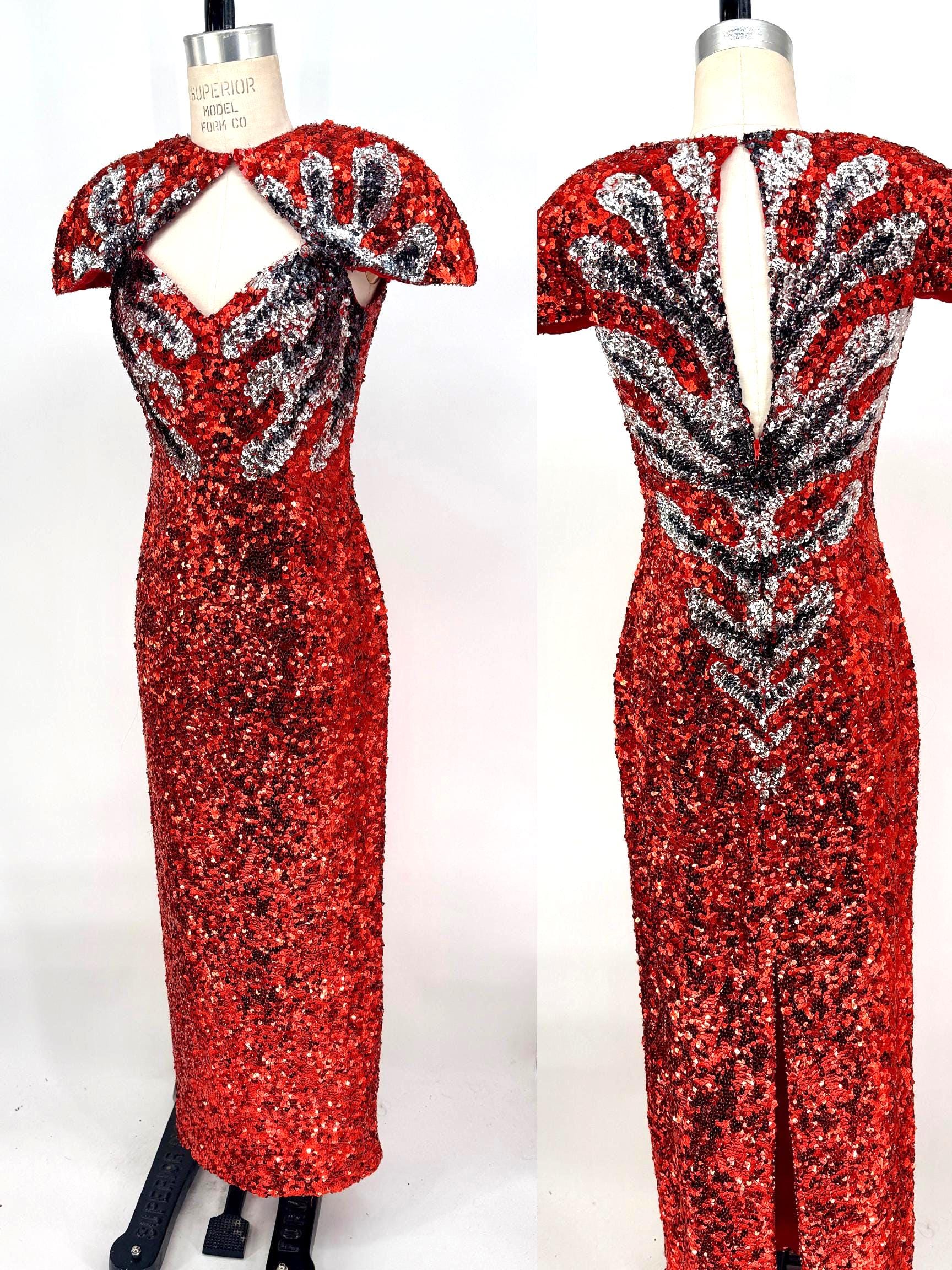 Size 10//Vintage 80's Red Sequin Gown//Silver Flames Statement Dress//Open Front Red Carpet Gown