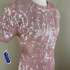Size M//Vintage 80s Art Deco Short Sleeve Iridescent Pink Party Dress//Beaded Cocktail Dress NWT