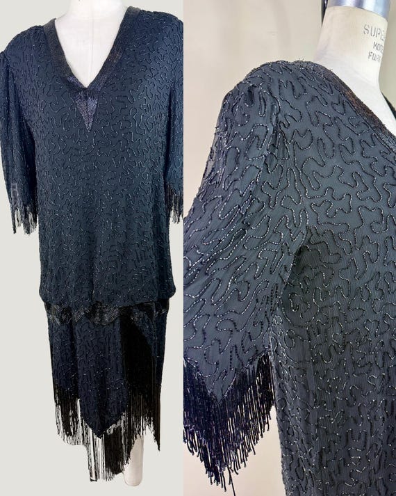 Size XL//Vintage Lillie Rubin Black Beaded Flapper Dress//80s Gatsby Fringe Dress | Art Deco Sequin Party Dress View 2