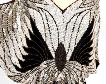 One Size//Vintage Shomax Butterfly Sequin Kimono Top//Beaded Statement Batwing Top//80's Art Deco Glam