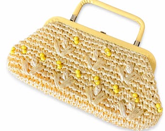 Vintage raffia handtas, tas met geel lucite handvat, geweven zomertas, retro strandvakantietas uit de jaren 50