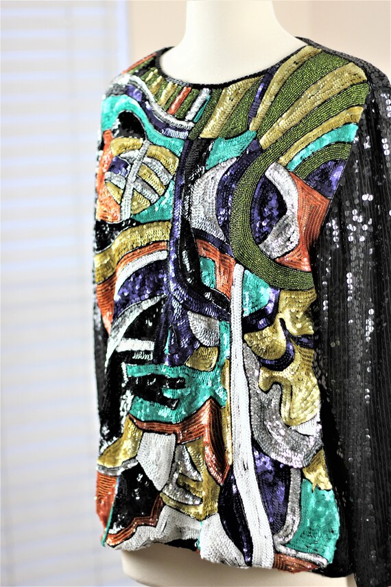Sz L//Modern Art Abstract Sequins Face Top// Sequ… - image 3
