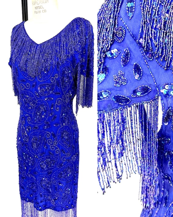 Size L//Cobalt Blue Sequin Beaded Flapper Dress//Vintage Fringe Hem & Sleeve Party Dress//Gatsby Cocktail Dress Size L//Cobalt Blue Sequin Beaded Flapper Dress//Vintage Fringe Hem & Sleeve Party Dress//Gatsby Cocktail Dress