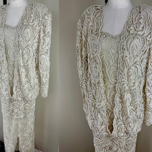 Size L//Vintage Judith Ann Lace Sequin Silk Bridal Dress//Exquisite Ivory Dress with Drop Waist