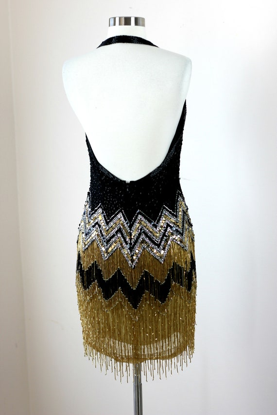 Sz 4//Vintage Formal Wiggle Dress//Loads of Beads, Sequins silk with Gold Fringe Halter Dress
