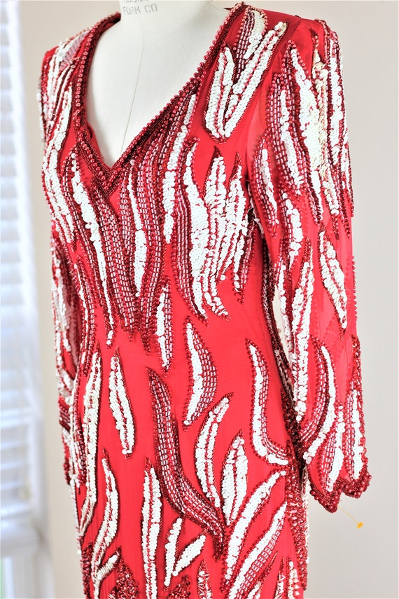 Sz M// WOW Amazing sequin beaded gown// Long Red … - image 5