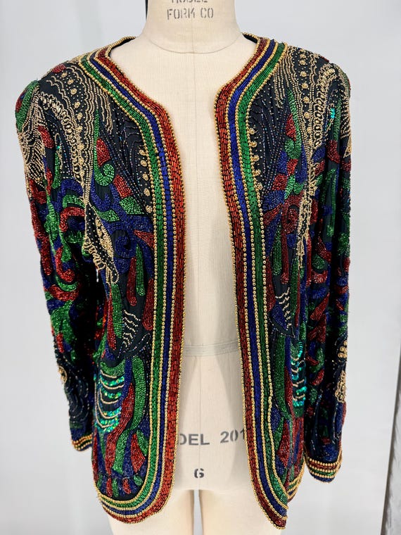 Size M//Multi-Color Beaded Sequin Jacket//Vintage… - image 7