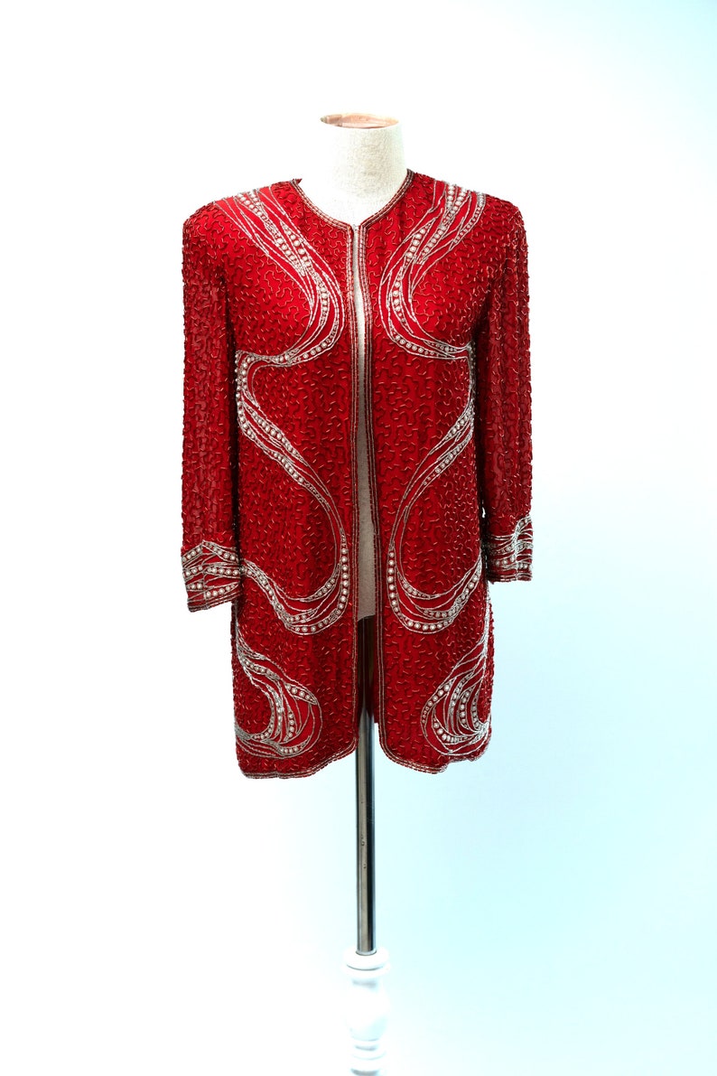 Sz 6// Naeem Khan Riazee Red Pearled Jacket// Beaded sequined image 6