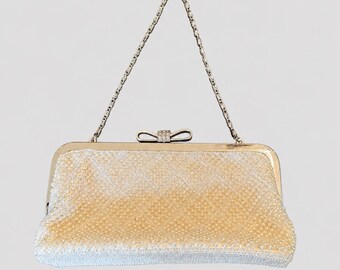 Vintage clutch met kralen en strass strik, ivoorkleurige avondtasje, formele handtas bruiloft jaren 60