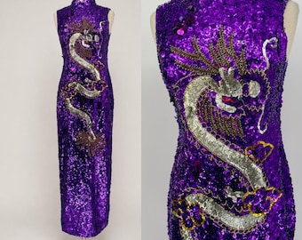 Vintage Purple Sequin Dragon Gown, Silver Embroidered Cheongsam Inspired Dress, Mandarin Collar Evening Maxi (Sz M)