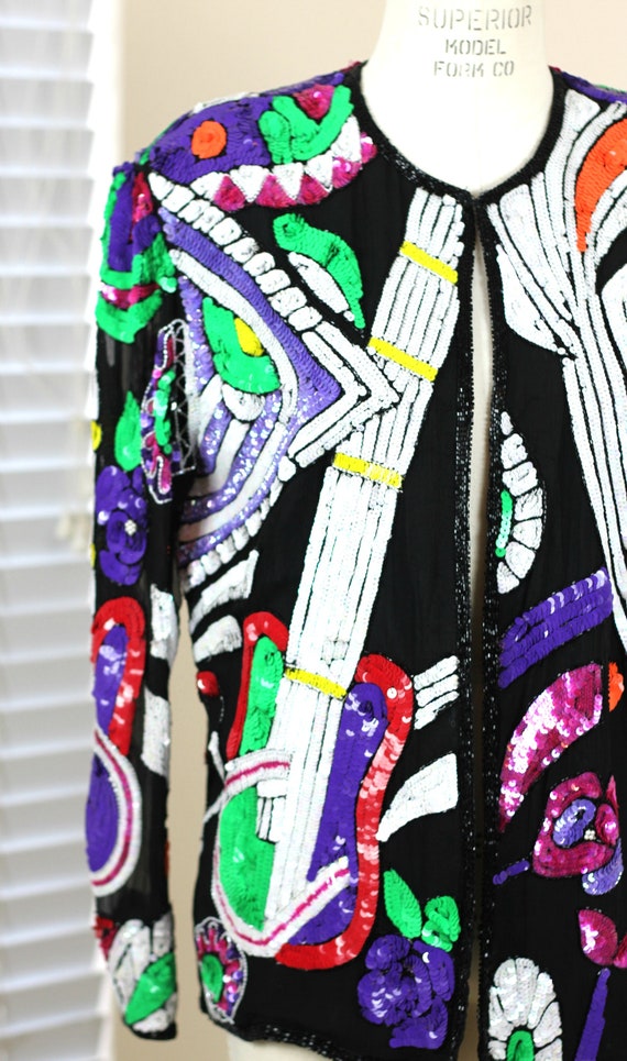 Size L//Abstract Beaded Sequin jacket// Novelty  … - image 3