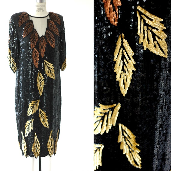 Sz M// Sequin Falling Leaves Vtg 20s style gown//G