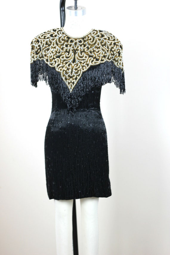 Sz S//Naeem Khan Amazing Beaded Black Fringe Dress//Riazee Sequin Pearls Beads Sz S//Naeem Khan Amazing Beaded Black Fringe Dress//Riazee Sequin Pearls Beads