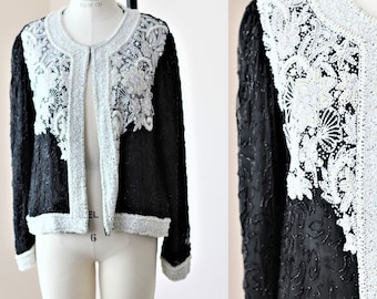 Sz S// Black White Beaded jacket// Silk sequins beads Formal Vintage