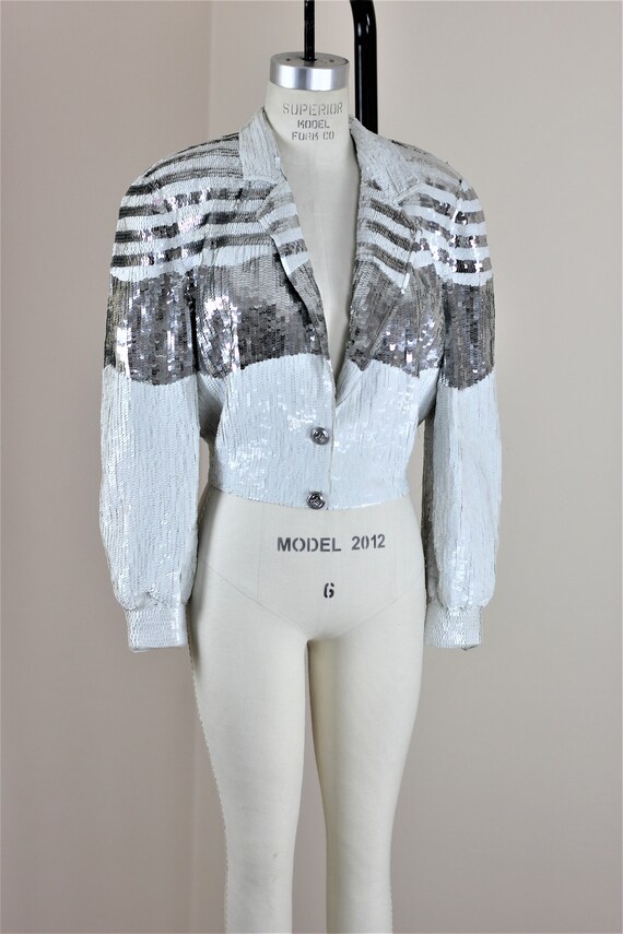 Sz M// Sequin Bomber Jacket// Beaded sequins silv… - image 2