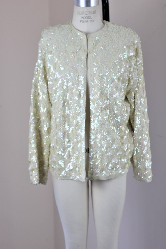 Sz L// Heavily beaded sequined Ivory Jacket// Wed… - image 7