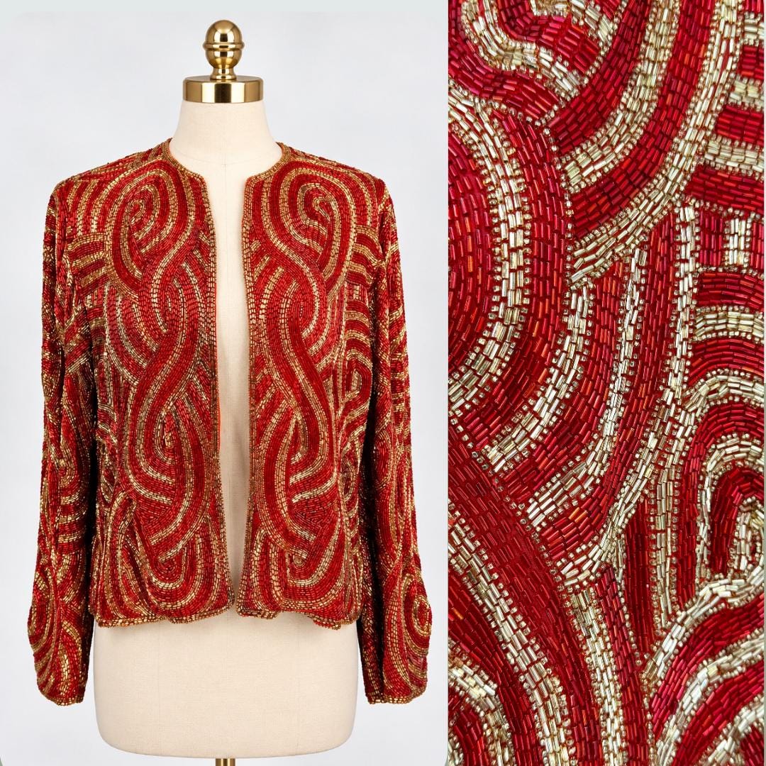 Sz M// HEAVILY Beaded Red Gold Jacket//Vtg Victoria Royal Ltd Silk Beaded Bolero