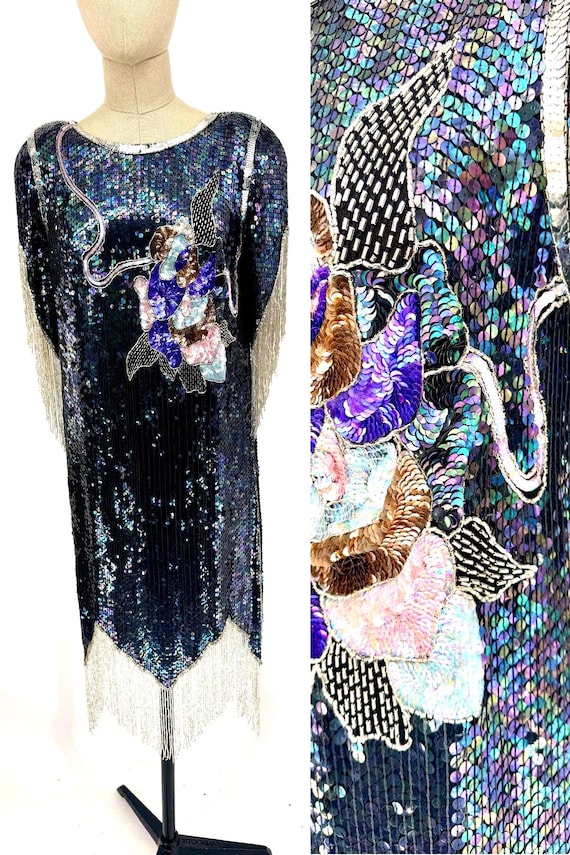 Sz M//Iridescent Black Sequin Fringe Dress//Vintage 80s Silk Beaded Purple Floral Appliqué Shift Dress