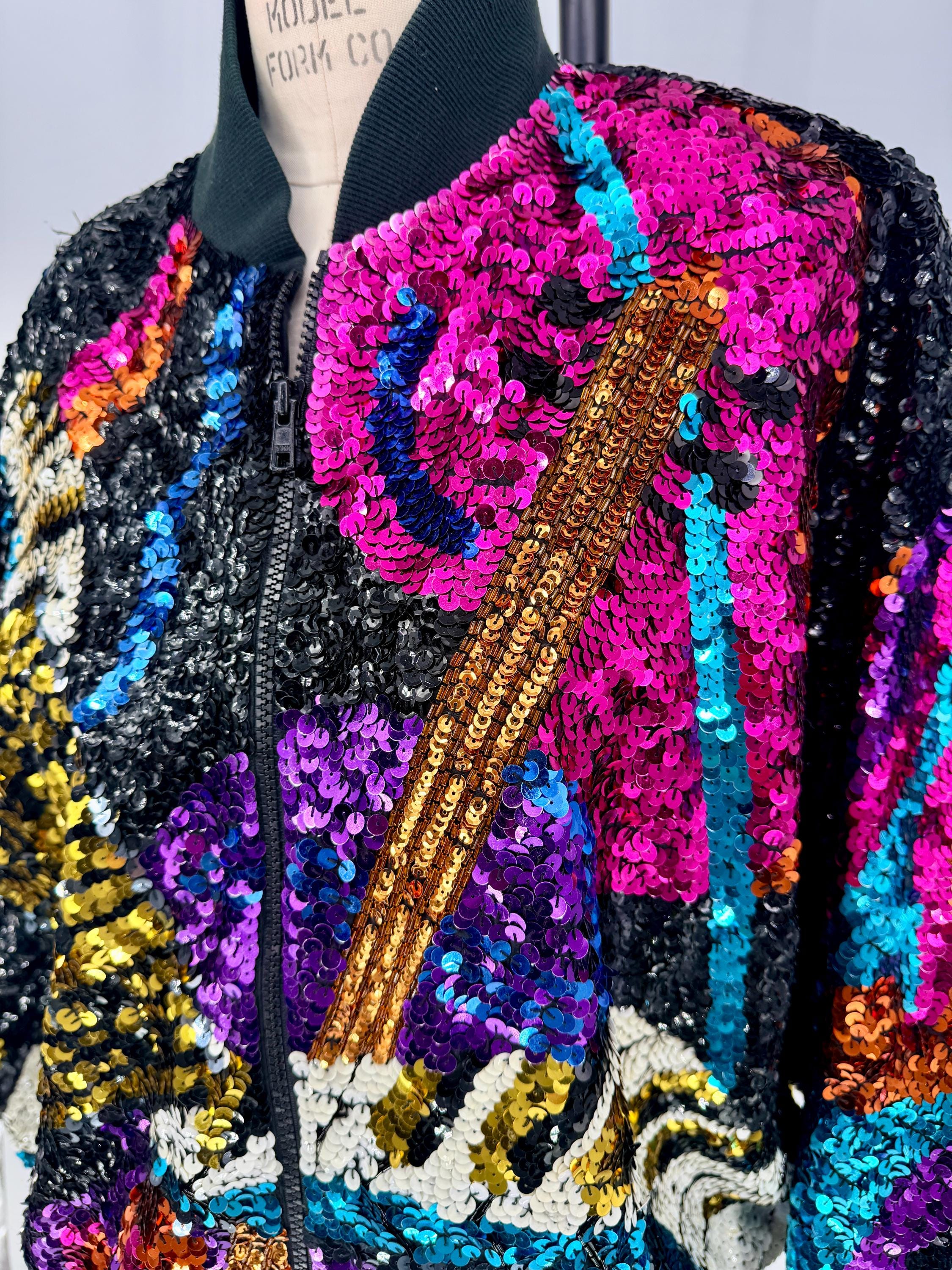 Sz 8//electric 80s Sequin Music Jacket//guitar + Piano Motif