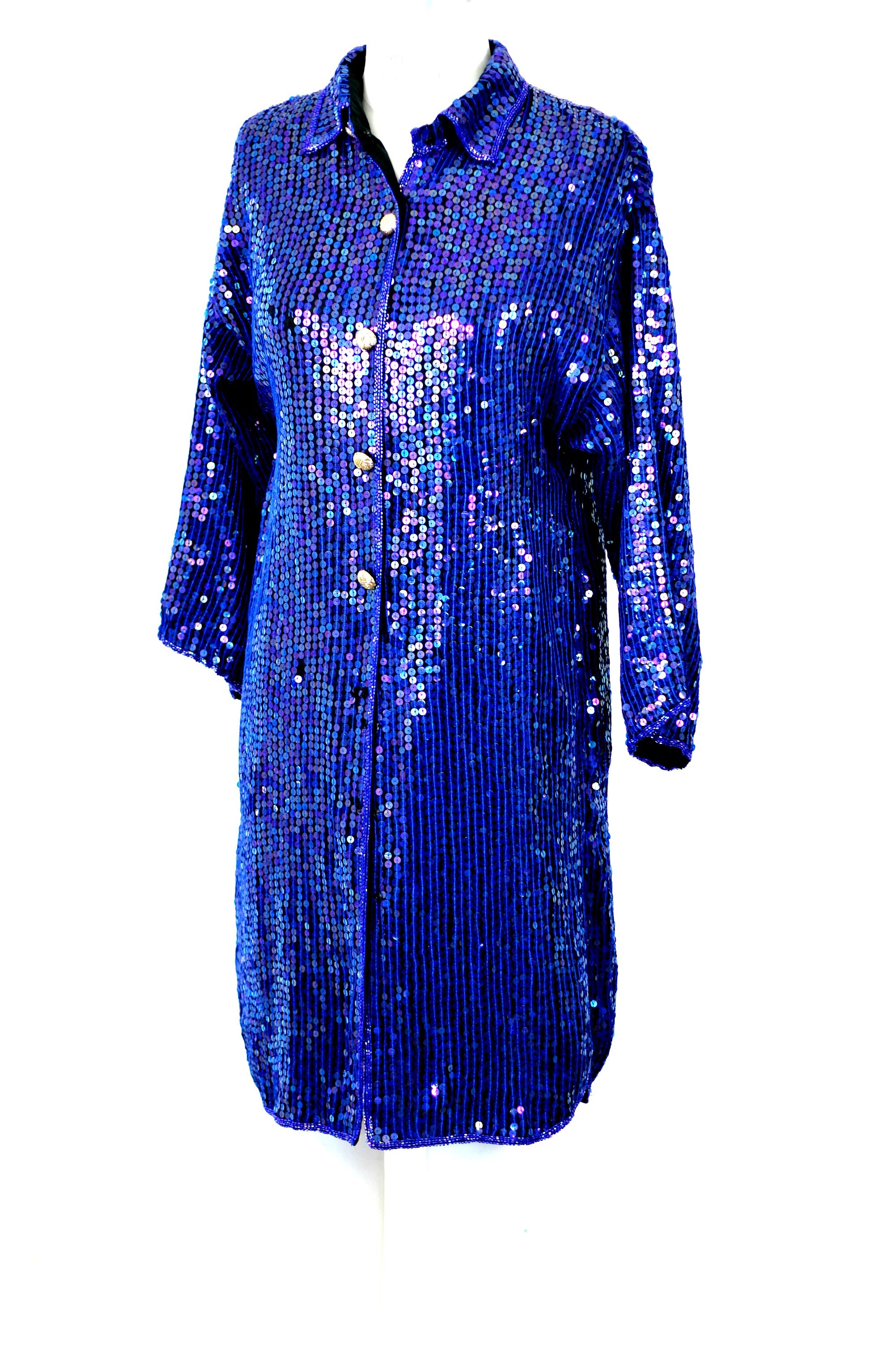 slim fit dress slacks Blue Shirt Dress Long Sleeve Collar Sequins main image 1