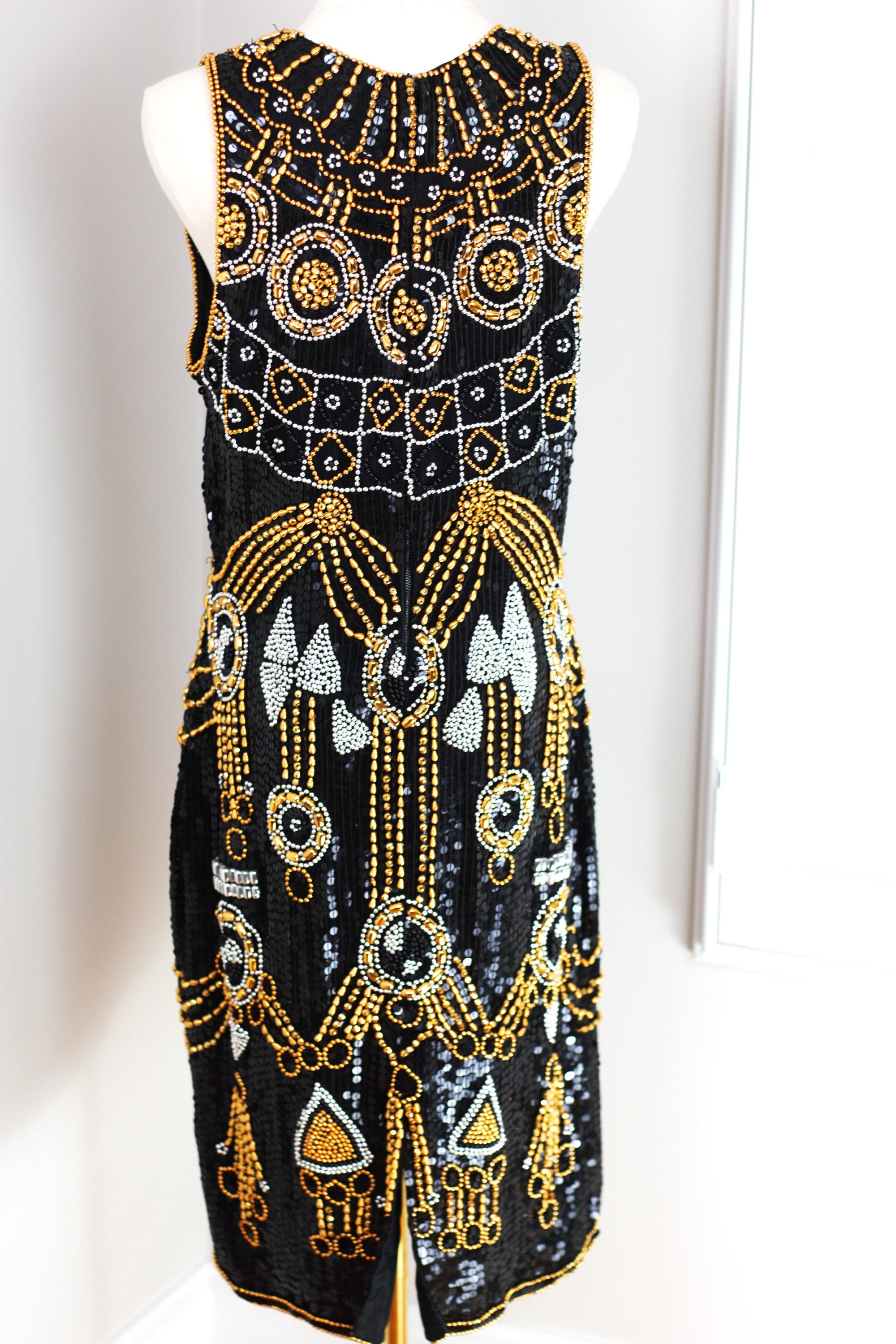 Sz 12//Art Deco Black & Gold Beaded Silk Dress//Vintage Flapper Style Dress Sz 12//Art Deco Black & Gold Beaded Silk Dress//Vintage Flapper Style Dress