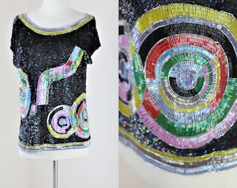 Sz S// Stunning 1980s Vtg Sequin beaded top// Funky colors blouson style