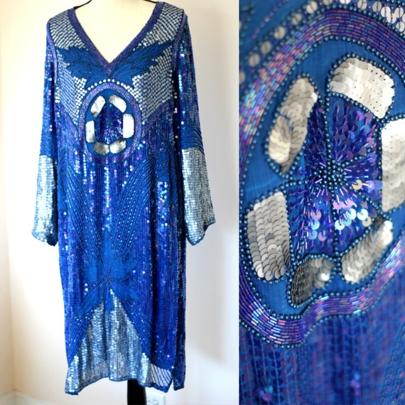 Sz M// Art Deco Gatsby Vintage Sequined Dress //F… - image 1