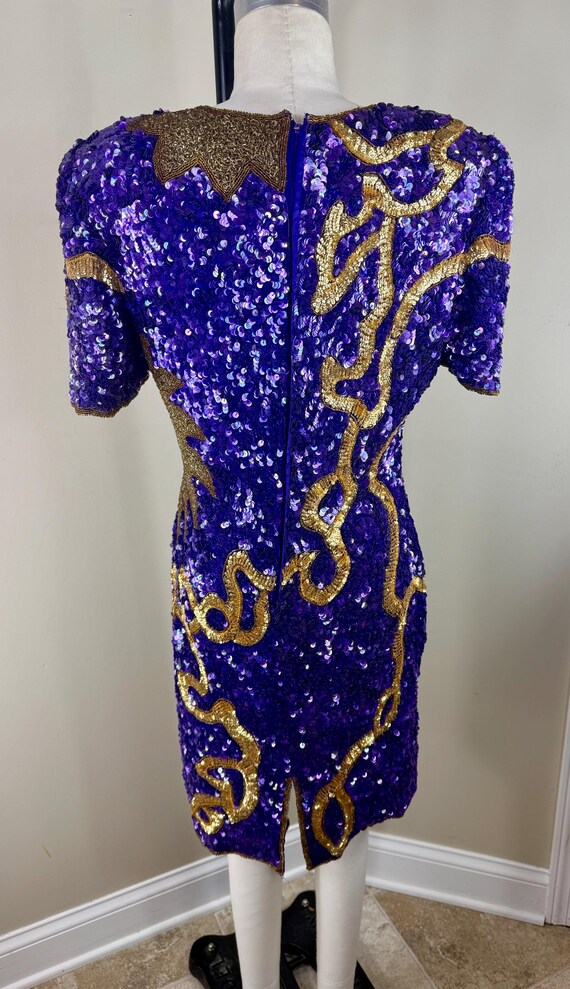 purple and gold cocktail dress Primavera Couture 3896 Size 12 Purple Cocktail Dress Sequin Maxi Slit V-Neck Open Tie Back Spaghetti Strap Short Homecomi main image 1