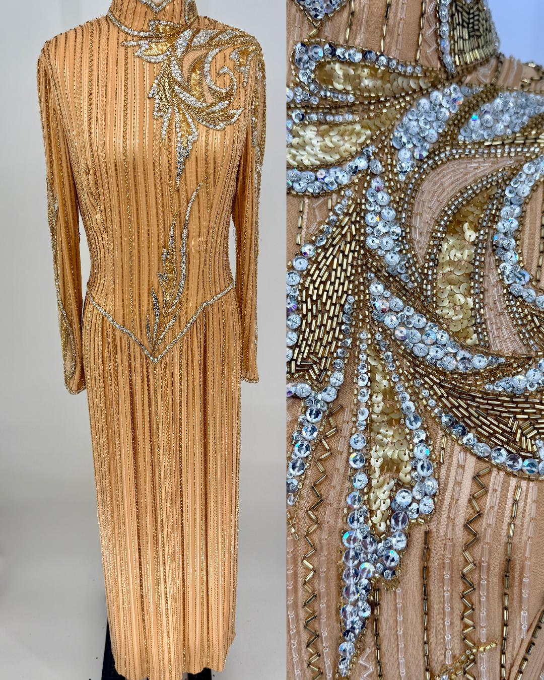 green emerald velvet dress 1991 Bob Mackie Gold Sequin Dangle Thread on Metallic Lace Mini Dress   Shrimpton Couture