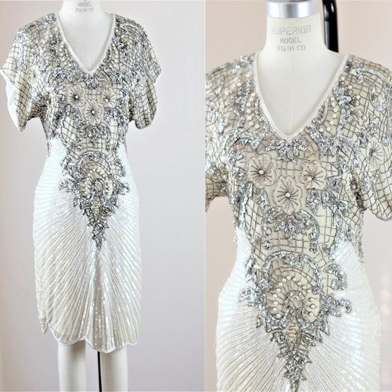 Sz S//Beautiful 1980s Vintage Beaded sequined dre… - image 1