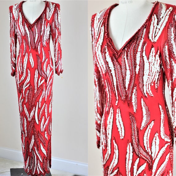 Sz M// WOW Amazing sequin beaded gown// Long Red … - image 1