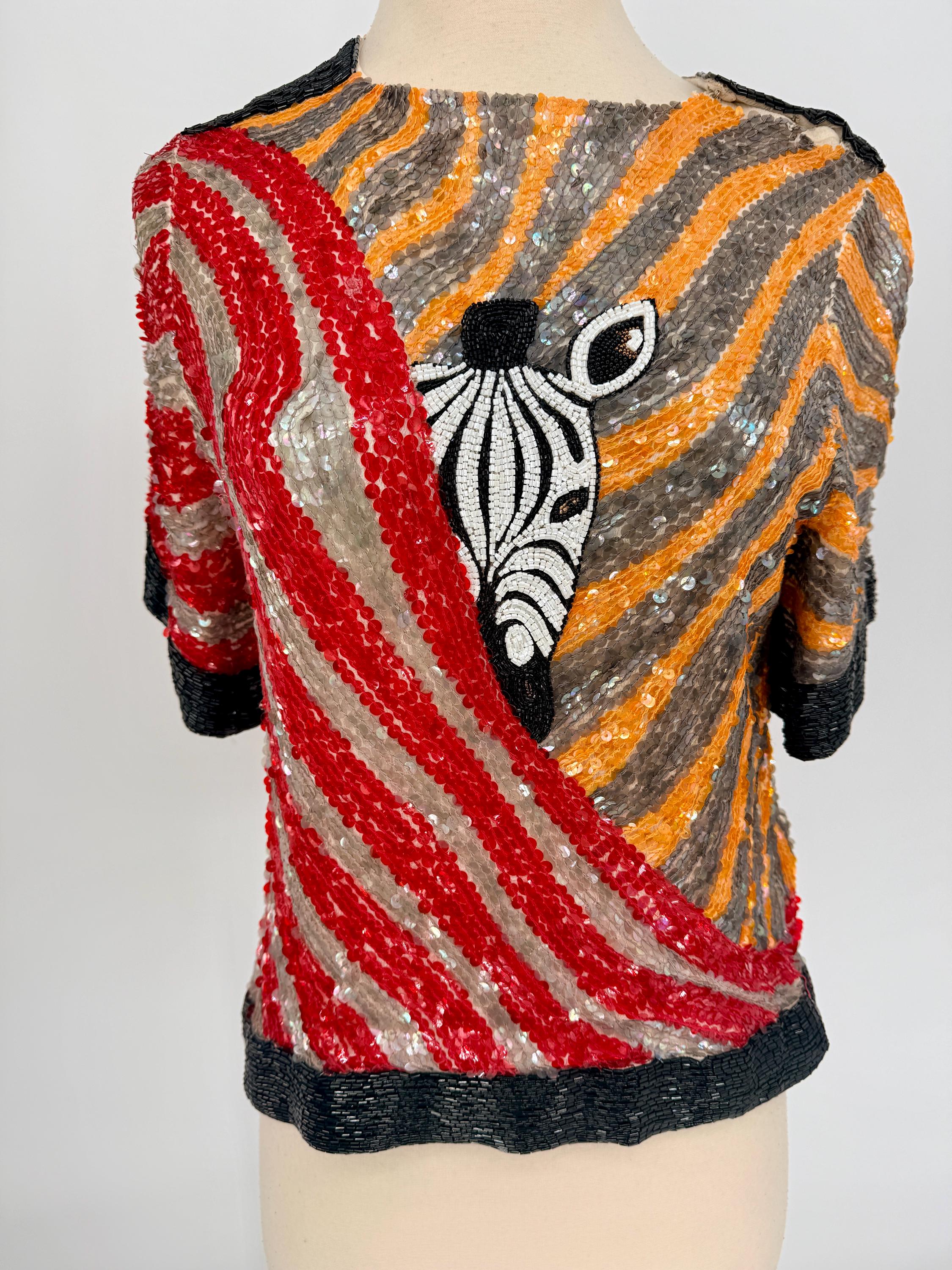 Sz Xs//amazing Vintage Sequin Zebra Top//heavily Sequined and