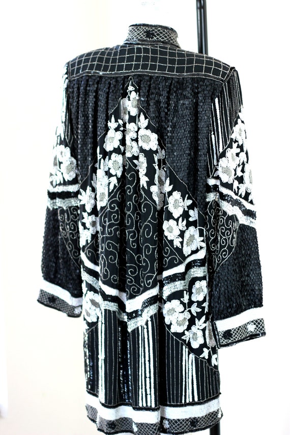 Sz L//STUNNING Black White Duster Kimono// Sequin… - image 4