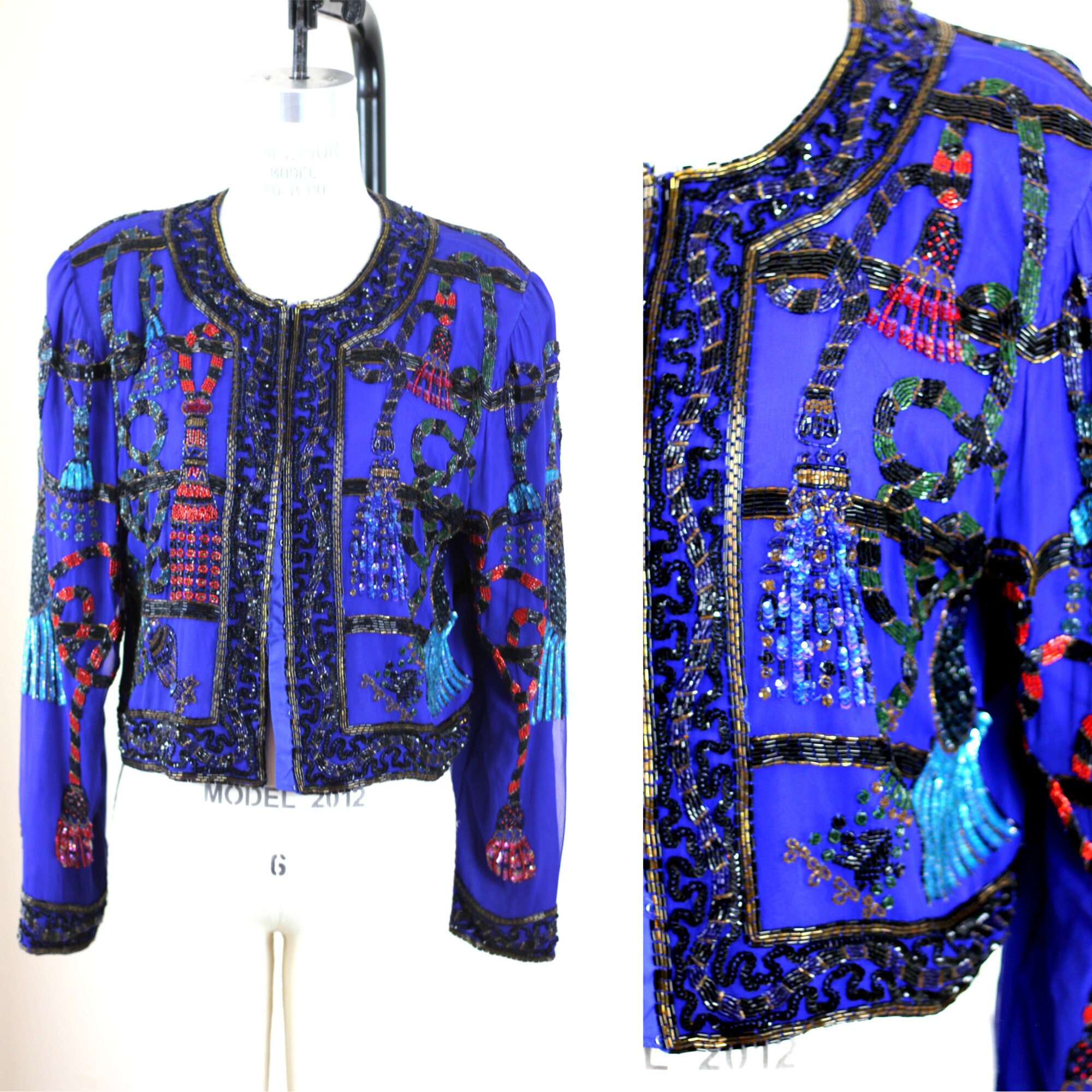 Sz L// Royal Blue Tassel Jacket// Beaded sequins silk bolero | Etsy