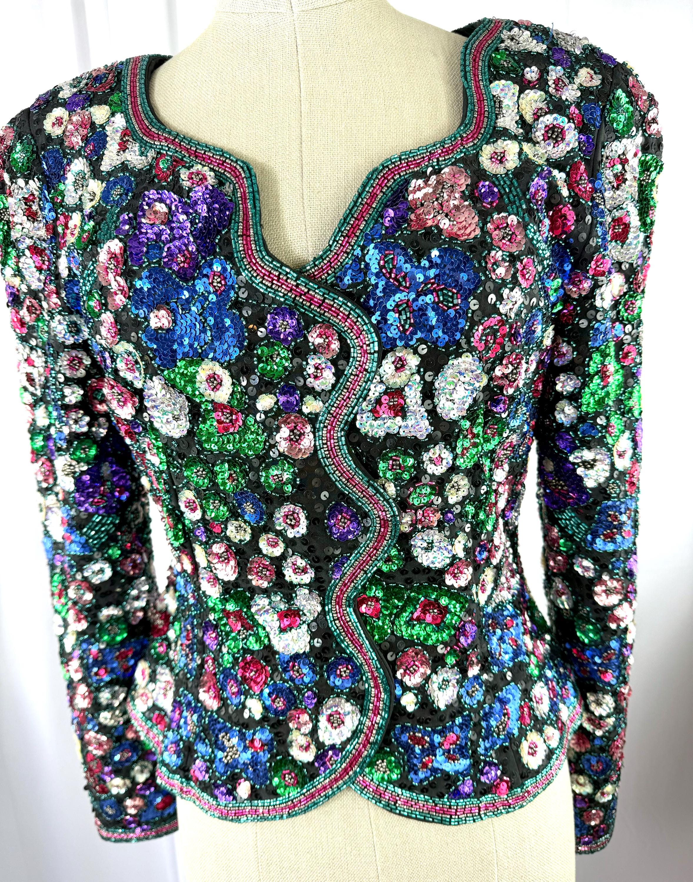 Size S//vintage Floral Sequin Jacket//vibrant Multicolor