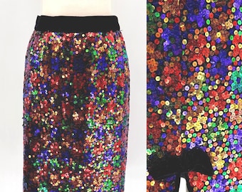 Vintage zijden kokerrok met pailletten, veelkleurige midi-rok met confetti-pailletten, cocktailrok in jaren 80 discostijl (maat 6)