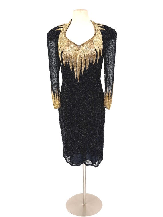black and gold dress dillards Vintage Neiman Marcus Beaded Cocktail Dress, & 80s Glamour Dress, Art Deco Beaded Dress, Holiday Party (sz 8) Hand wash or professional Sleeveless Wedding Dresses Hello Kitty Birthday Dress Size:6XLarge