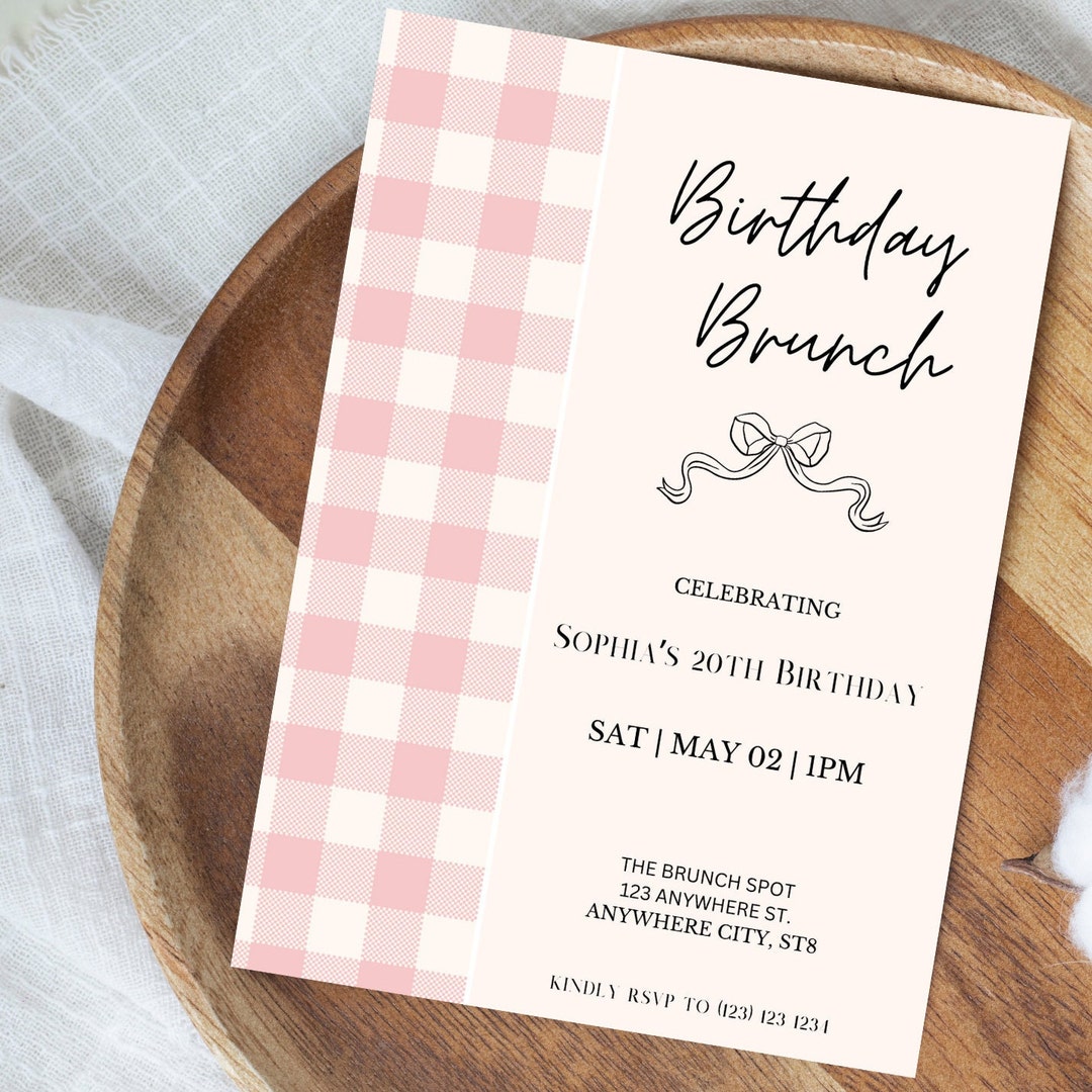 Birthday Brunch Invitation Template, Digital Download, Gingham and ...