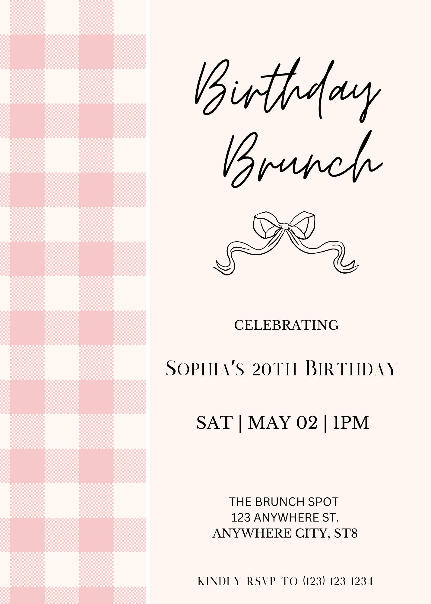 Birthday Brunch Invitation Template, Digital Download, Gingham and ...