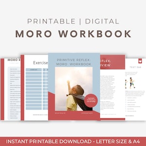 Puede incluir: Un libro de trabajo imprimible con un esquema de color rojo, blanco y azul. El título es "Reflejo Primitivo: Cuaderno Moro". La portada presenta a un niño pequeño con una capa de superhéroe y gafas de sol, con un cielo azul y nubes blancas en el fondo.