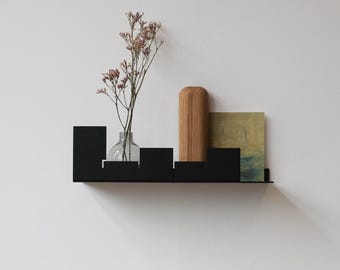 Black Metal Floating Shelf: Minimalist Bent Steel Wall Decor City Shape