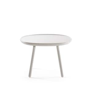 Puede incluir: Una pequeña mesa auxiliar redonda blanca con tres patas anguladas. La tapa es de color blanco liso y las patas son de un gris claro a juego. La mesa está diseñada con una estética minimalista.