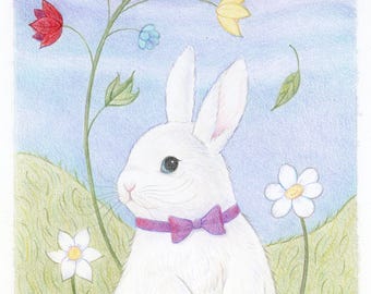 Original Rabbit and Flowers Colored Pencil Drawing: Whimsical Art, 4x6 Matted