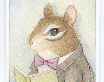 Dibujo original a lápiz de color ACEO de una ardilla listada